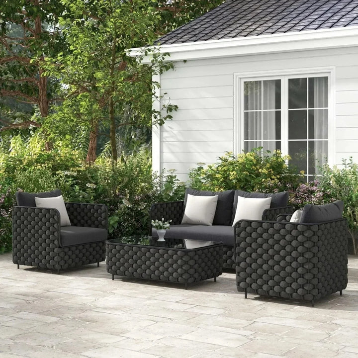 Camila 4 Piece Outdoor Rope Sofa Set with Glass Top Coffee Table (Black)