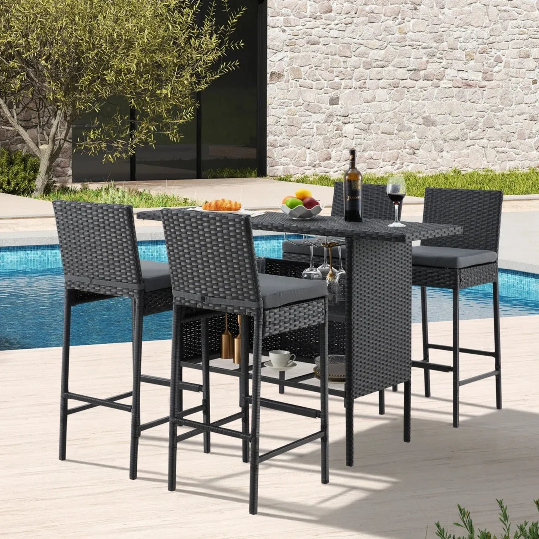 Yvette 5-Piece Outdoor Rattan Wicker Bar Set with Wicker Top Table