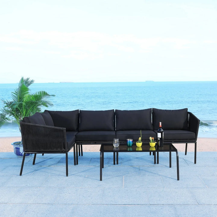 Rasha Outdoor Black Rope L-Shape All Weather Sectional Sofa Set