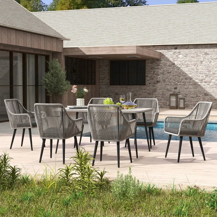 Lopa 7-Piece Outdoor Patio Dining Set with Rope Chairs & Glass Top Table