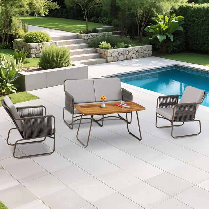 Isabeau Outdoor Rope Loveseat Sofa Set With Wooden Top Table
