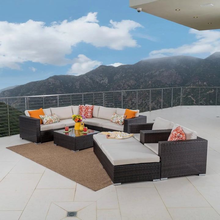 Violeta 7-Piece Rattan Sectional Sofa Set (Dark Brown/Cream)