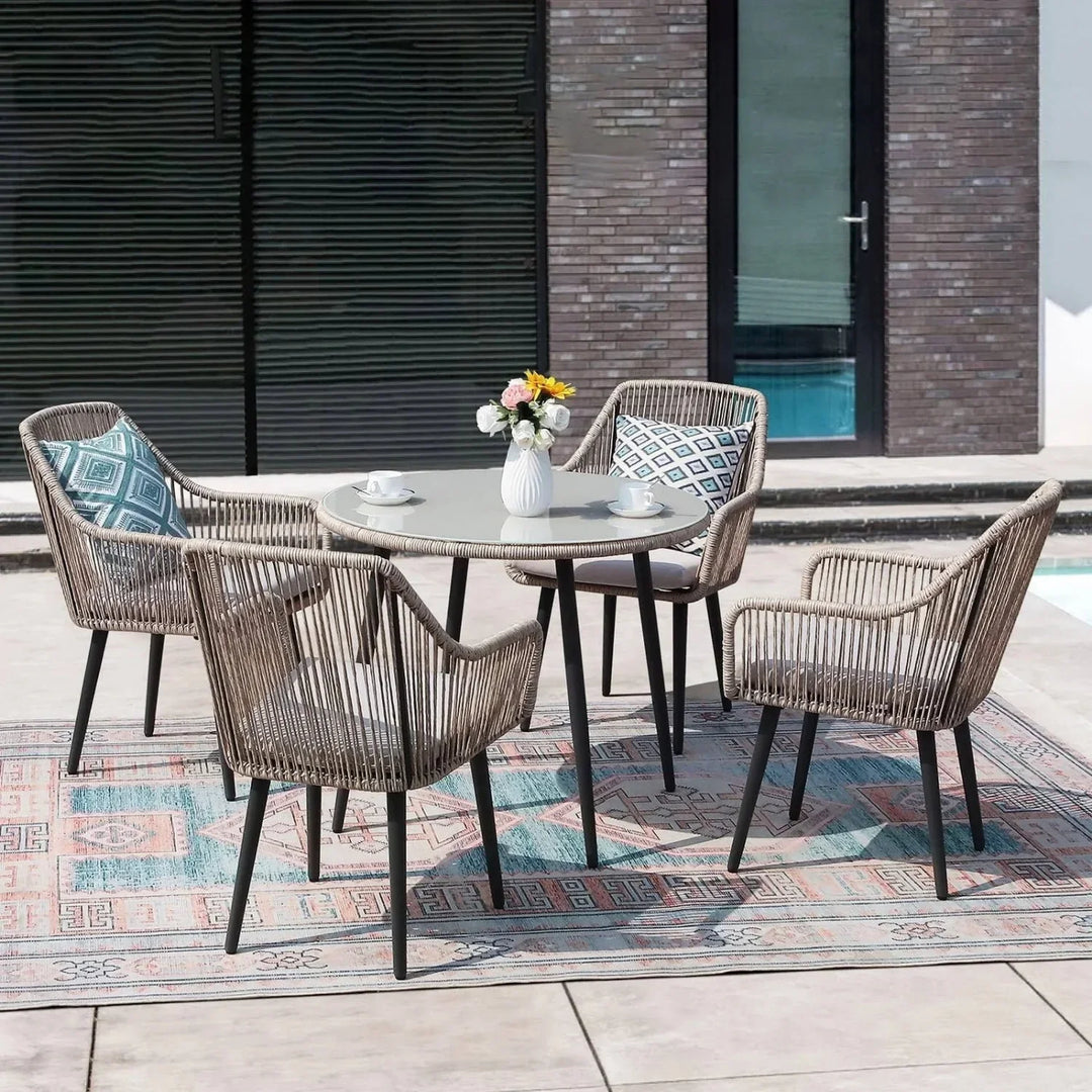 Zoya 5-Piece Outdoor Rope Patio Dining Set With Glass Top Table