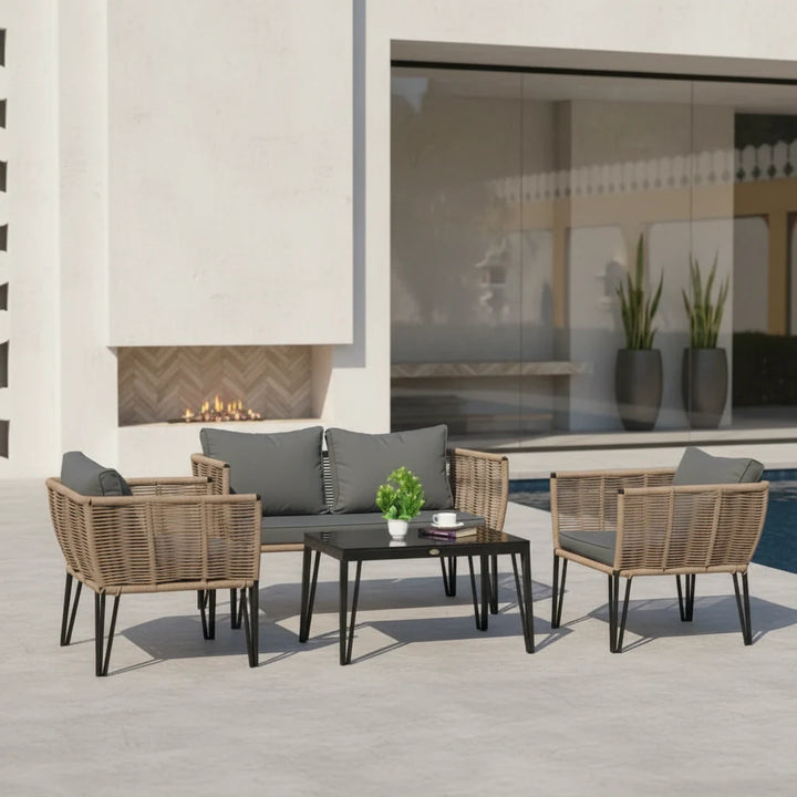 Monroe Outdoor Rope 4-Piece Patio Sofa Set with Glass Top Table (Beige & Dark Grey)