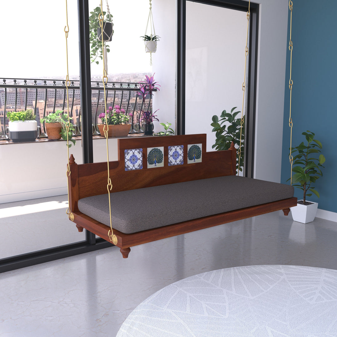 Krisha Artistic Wooden Swing with Hand-Painted Peacock Tiles – Balcony Jhula with Cushioned Seating