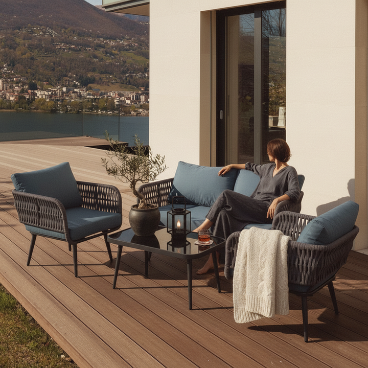 Polari Outdoor Garden Balcony Sofa Set 2 Seater , 2 Single Seater 1 Center Table Set (Grey) Braided and Rope