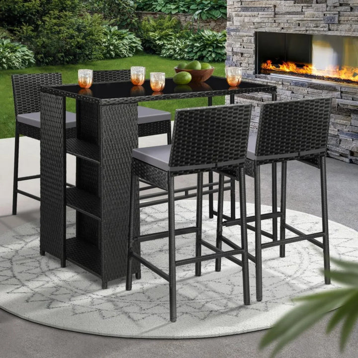 Flor 5-Piece Outdoor Rattan Wicker Bar Set with Glass Top Table