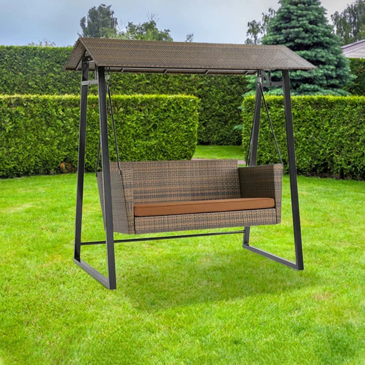 Tigist All Weather Wicker 2-Seat Patio Swing Chair with Shade & Cushions