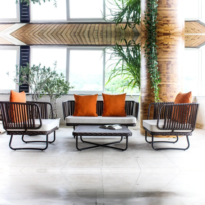 Tinsley Outdoor Rope 4-Piece Patio Sofa Set with Wicker Top Table (Brown & White)