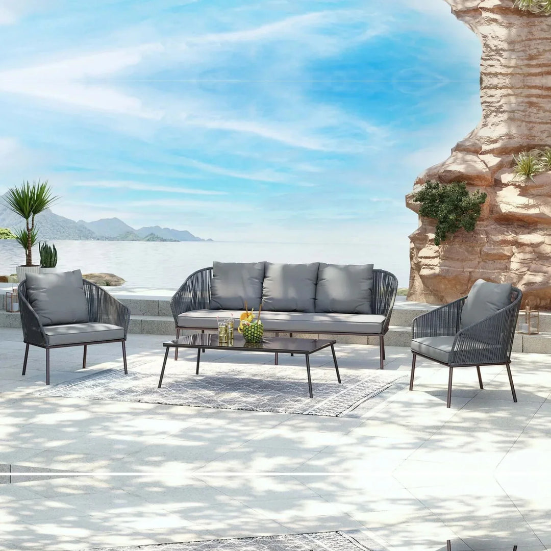 Zariah Outdoor Rope 5-Seater Patio Sofa Set with Glass Top Table (Grey)