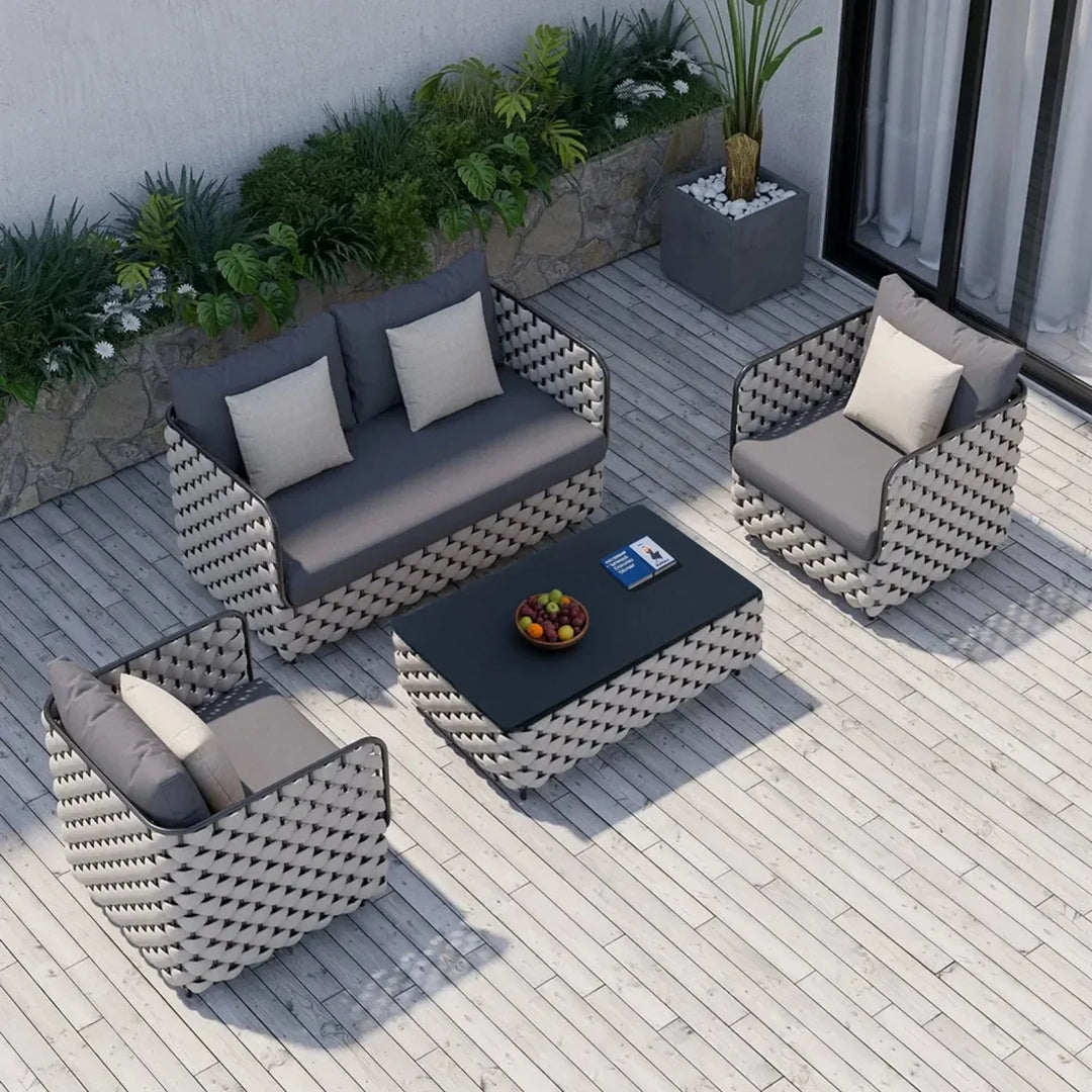 Rina 4 Piece Outdoor Rope Sofa Set with Glass Top Coffee Table (Light Grey & Dark Grey)