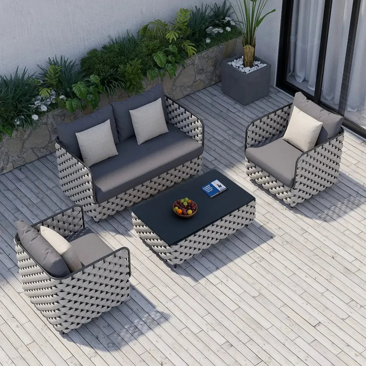 Rina 4 Piece Outdoor Rope Sofa Set with Glass Top Coffee Table (Light Grey & Dark Grey)