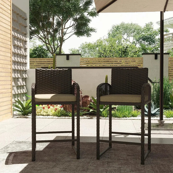 Zenobia Outdoor Rattan Wicker 2-Piece Bar Chairs