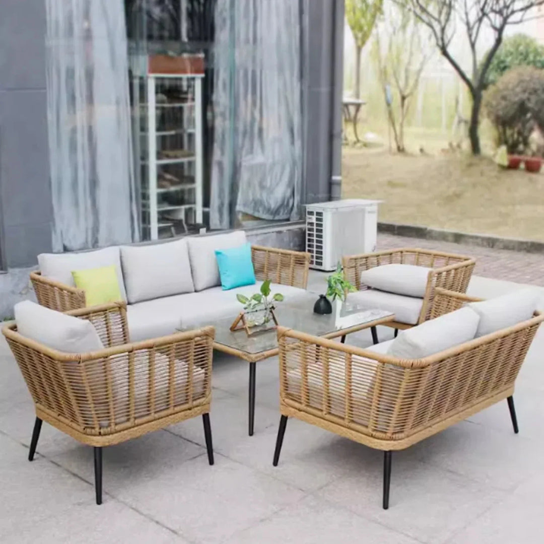 Noura Outdoor Beige Rope 7-Seater Sofa Set With Glass Top Table