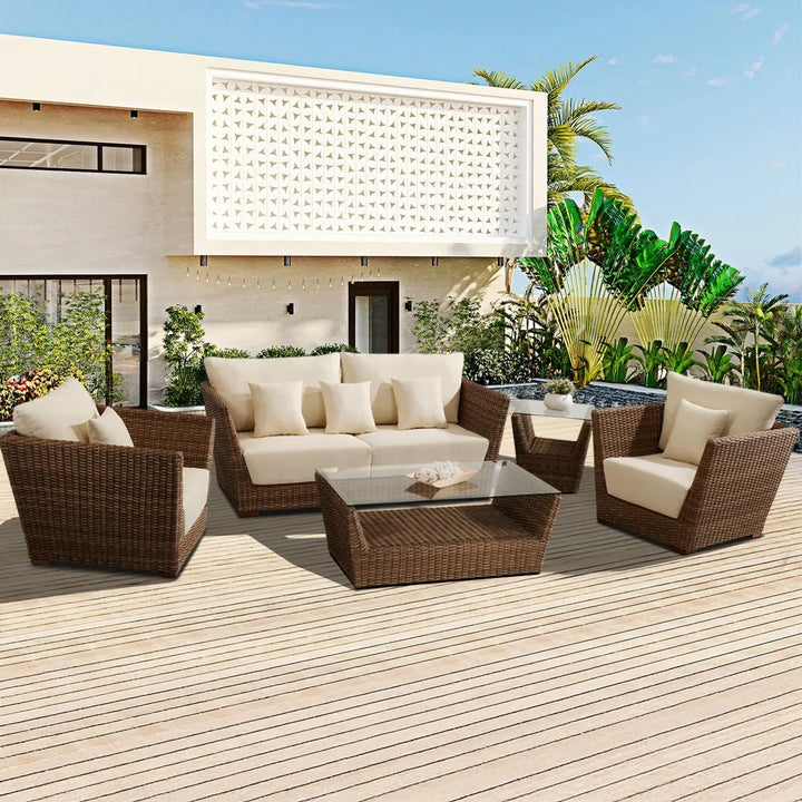 Patricia 5-Piece Outdoor Wicker Sofa Set With 2-Tier Glass Top Tables