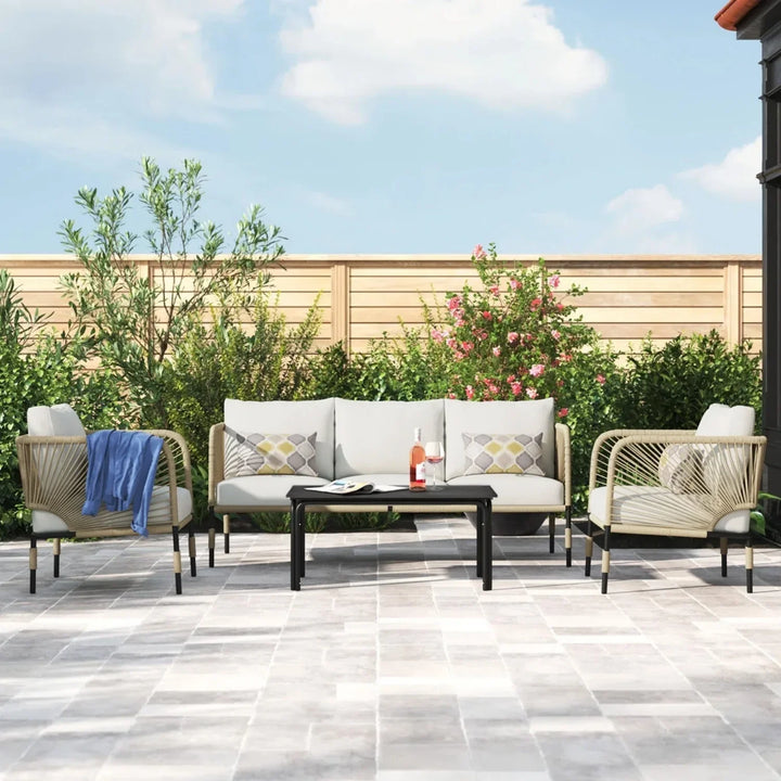 Amoura Outdoor Rope 5-Seater Sofa Set With Glass Top Table