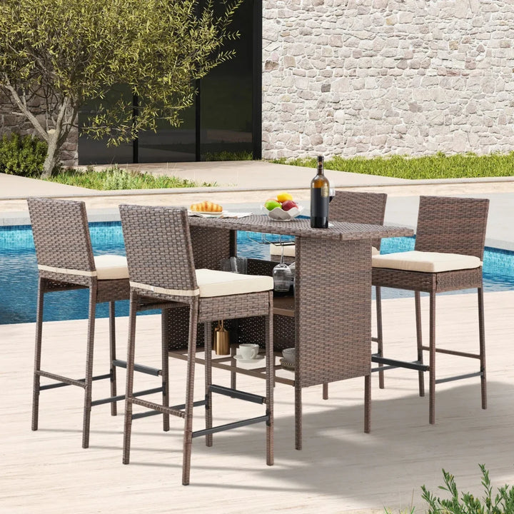 Sayaka 5-Piece Outdoor Rattan Wicker Bar Set with Wicker Top Table
