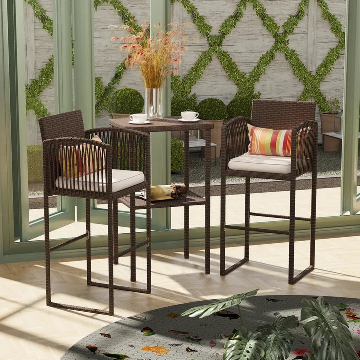 Xaveria Outdoor Rattan Wicker Bar Set With 2-Tier Table