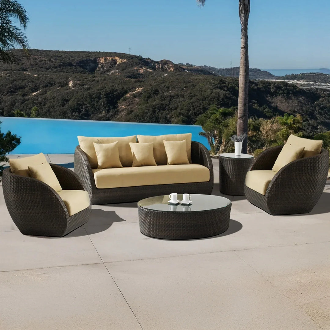 Savannah 5-Piece Outdoor Wicker Sofa Set With Glass Top Tables