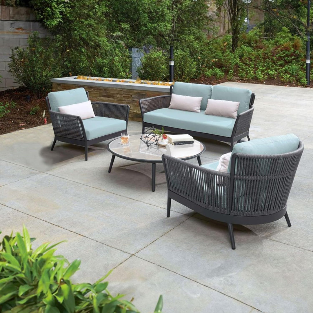 Trecla Outdoor Garden Balcony Sofa Set 2 Seater , 2 Single Seater 1 Center Table Set (Dark Grey) Braided and Rope