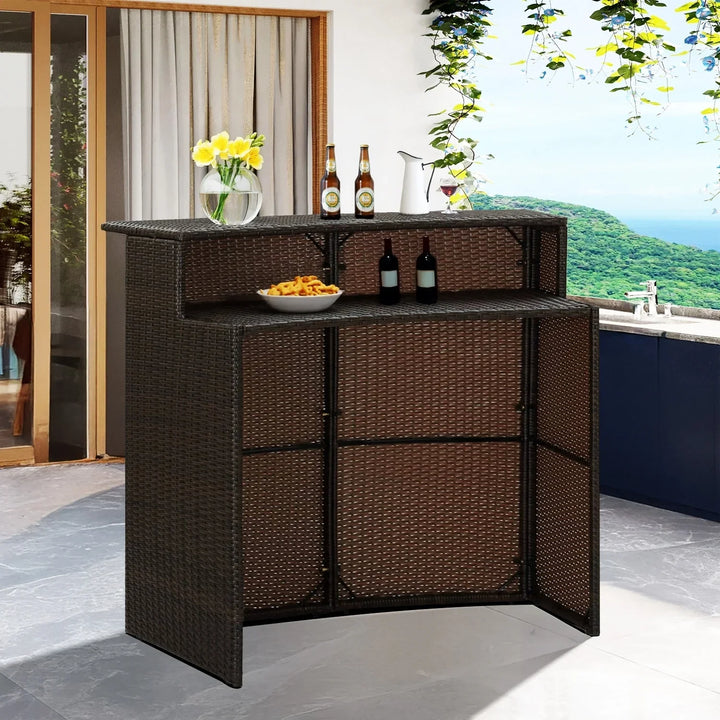 Herminia Outdoor Rattan Wicker Bar Table With a High-Top Design & Integrated Storage Shelf