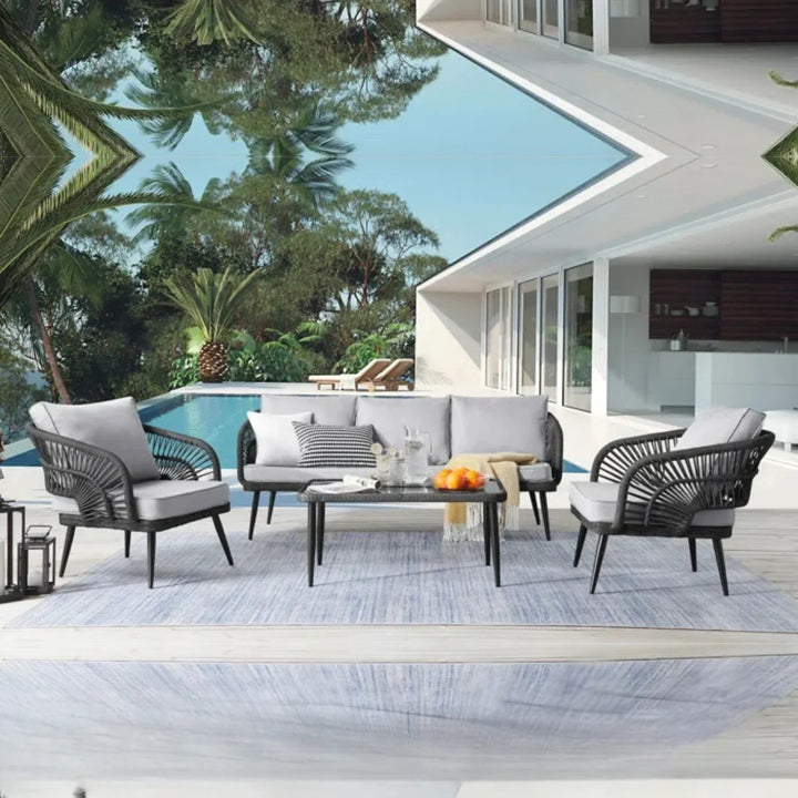 Oceana Outdoor Rope Conversation Patio Sofa Set (Black /Light Grey)
