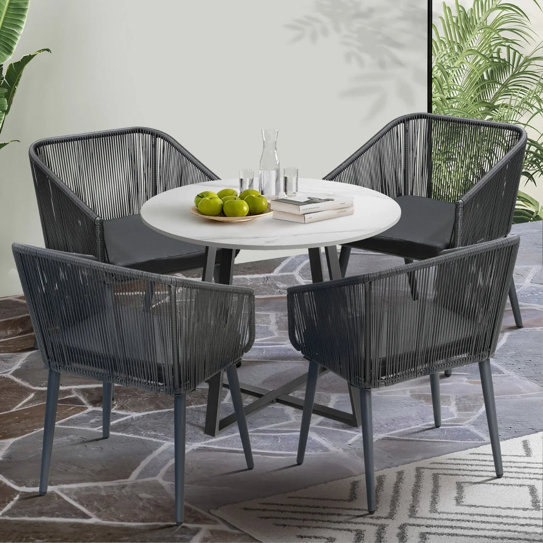 Galilea 5-Piece Outdoor Patio Dining Set with Rope Chairs & Marble-Top Table
