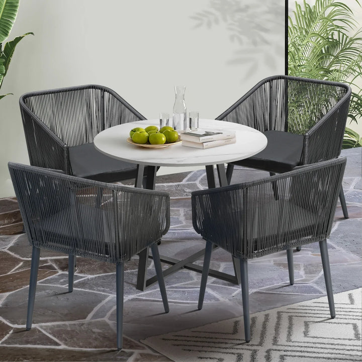 Galilea 5-Piece Outdoor Patio Dining Set with Rope Chairs & Marble-Top Table