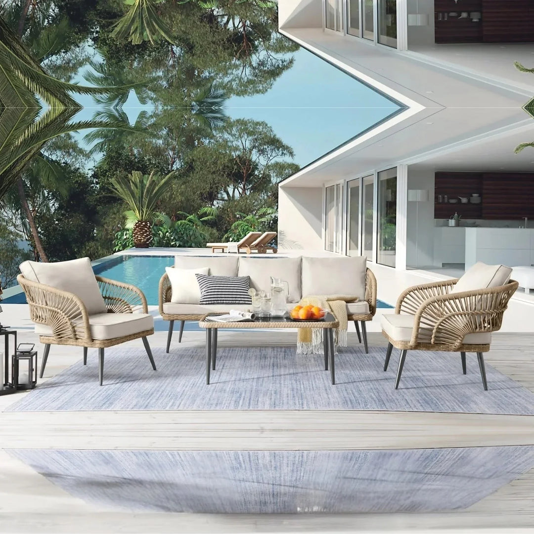 Juno Outdoor Rope Conversation Patio Sofa Set (Beige/Cream)