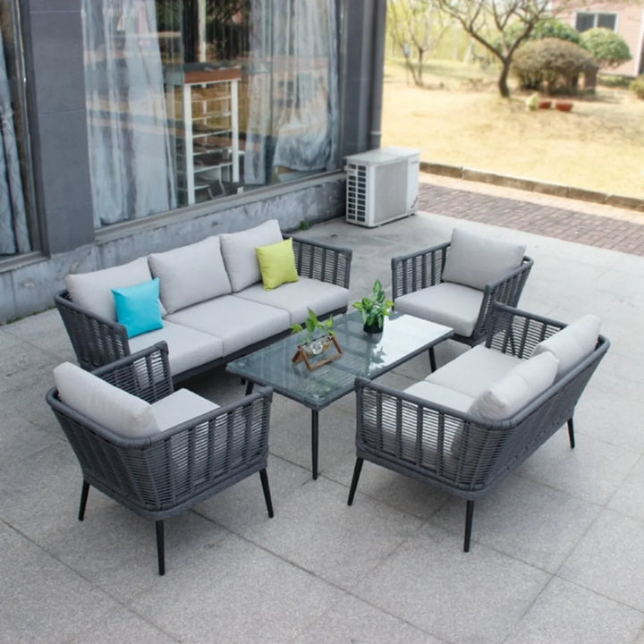 Amirah Outdoor Grey Rope 7-Seater Sofa Set With Glass Top Table