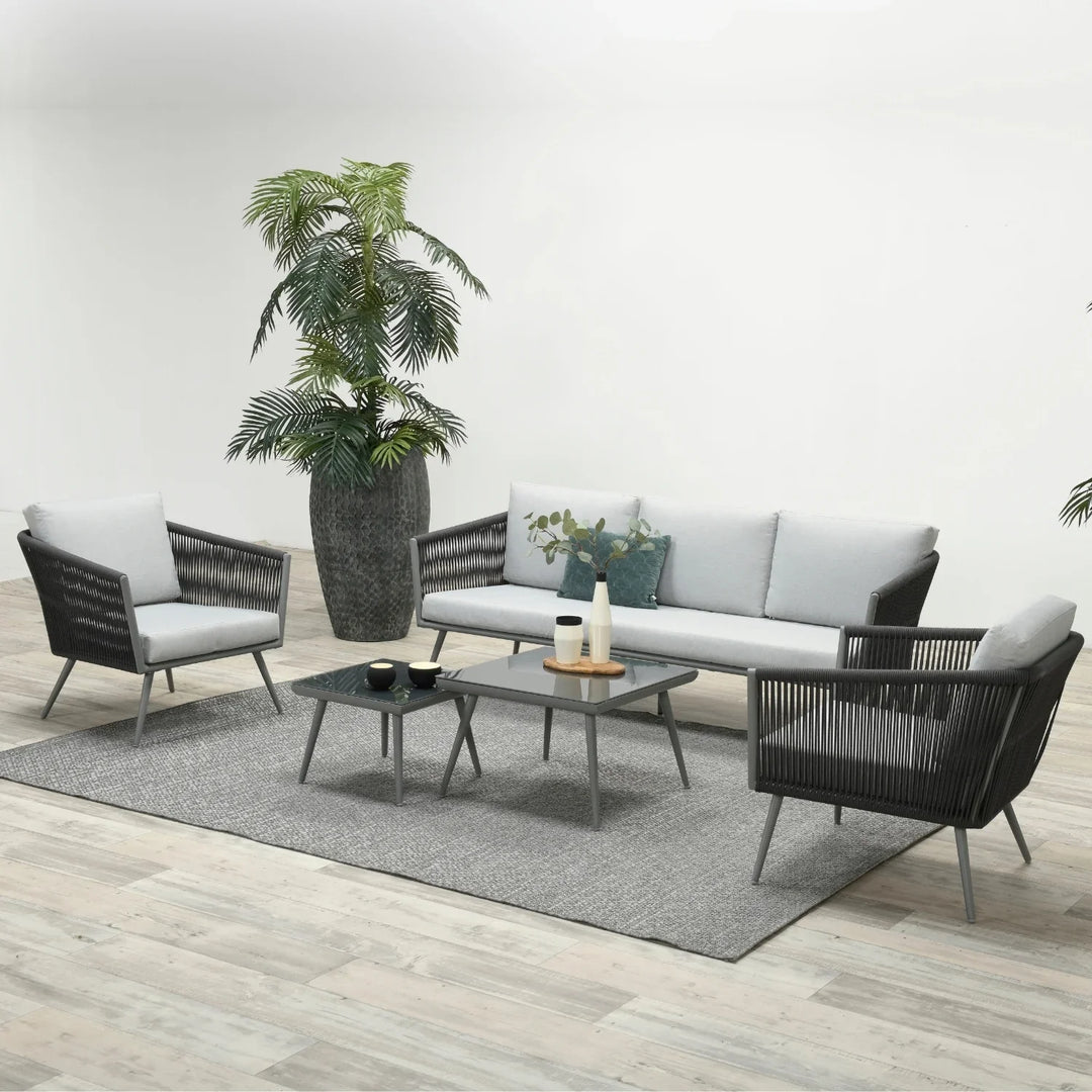 Teresa 5-Seater Outdoor Rope Patio Sofa Set with Glass Top Tables (Black & Grey)