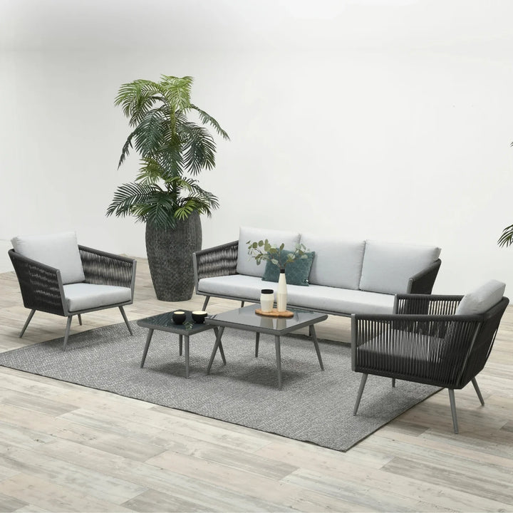 Teresa 5-Seater Outdoor Rope Patio Sofa Set with Glass Top Tables (Black & Grey)