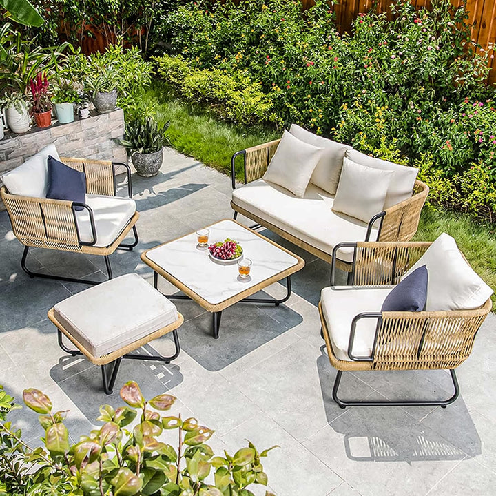 Elix Outdoor Sofa Set 2 Seater, 2 Single seater and 1 Center Table with ottoman (Tan) Braided & Rope