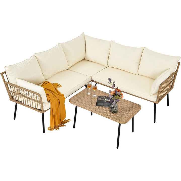 Tyamo Outdoor Garden Balcony Sofa Set 5 Seater and 1 Center Table Set (Tan + Beige)