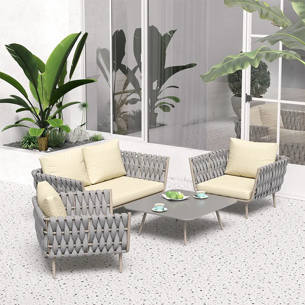 Bifrox Outdoor Garden Balcony Sofa Set 2 Seater, 2 Single seater and 1 Center Table  Set, Braid & Rope (Beige + Grey)