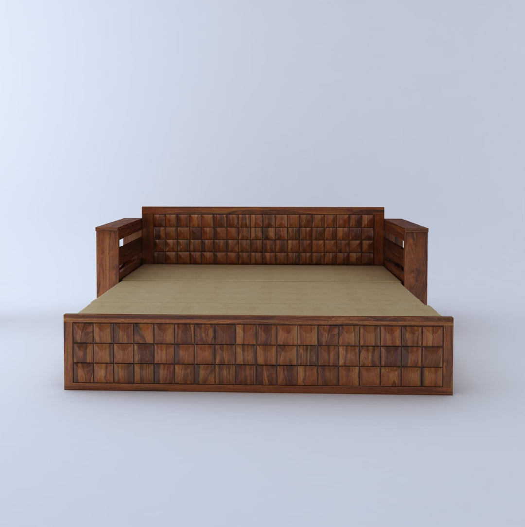 Freya Solid Sheesham Wood 3 Seater Sofa Cum Bed With Headboard and Mini Storage