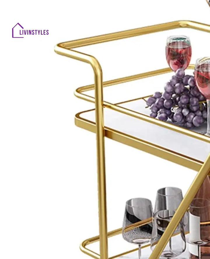 2 Tier Metallic Marble Elegance Rolling Bar Cart - Stylish And Functional Serving With Wheels