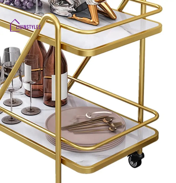 2 Tier Metallic Marble Elegance Rolling Bar Cart - Stylish And Functional Serving With Wheels