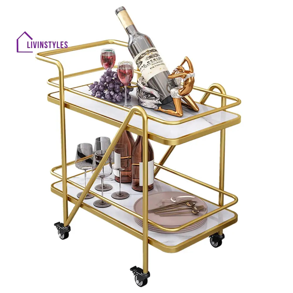 2 Tier Metallic Marble Elegance Rolling Bar Cart - Stylish And Functional Serving With Wheels
