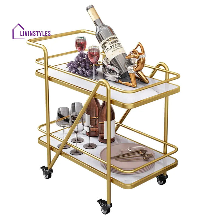 2 Tier Metallic Marble Elegance Rolling Bar Cart - Stylish And Functional Serving With Wheels