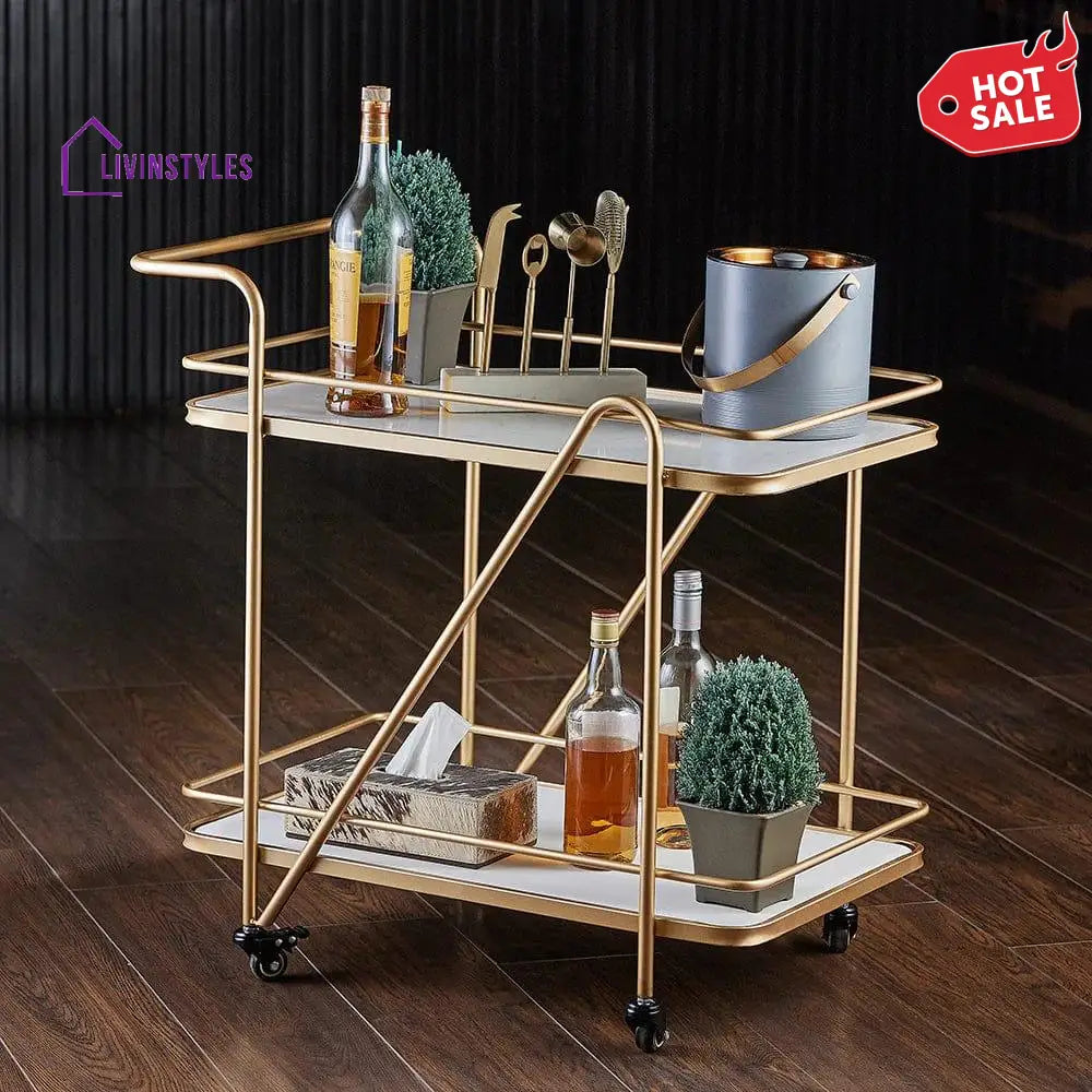 2 Tier Metallic Marble Elegance Rolling Bar Cart - Stylish and Functional Serving Cart with Wheels - WoodenTwist