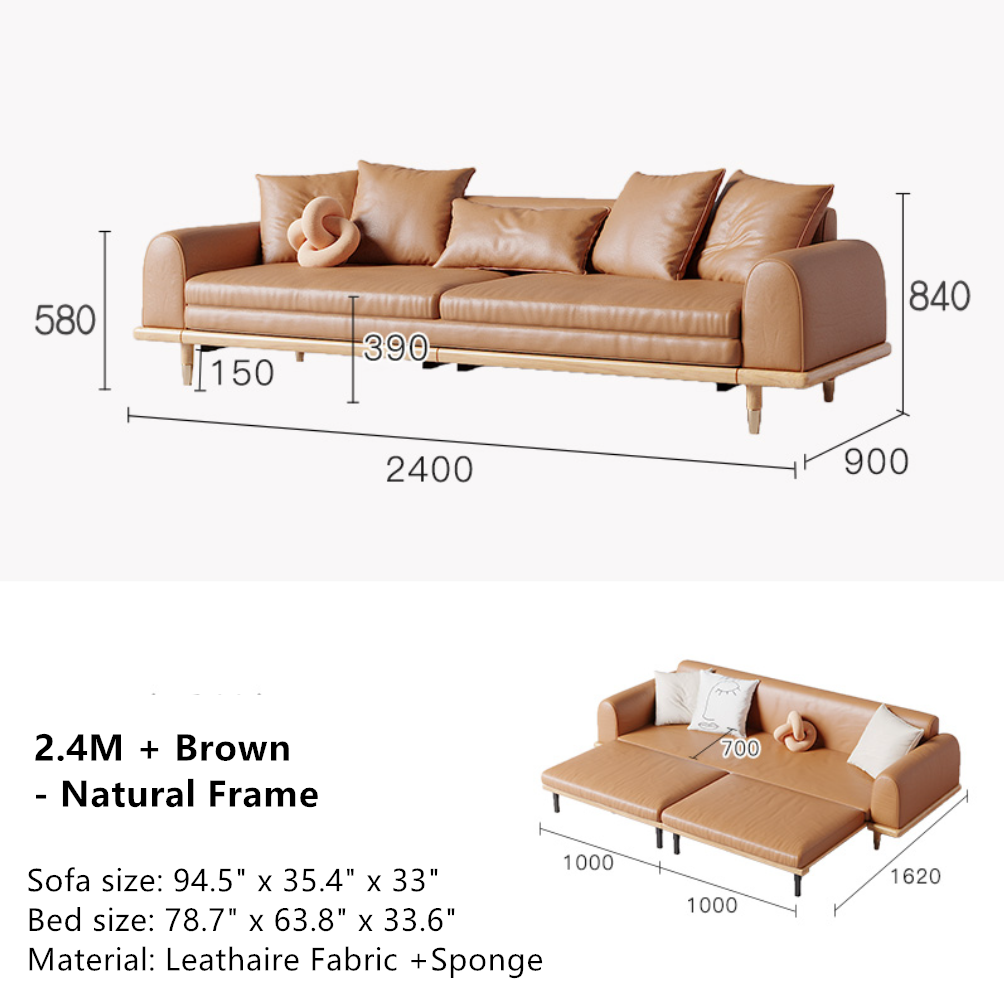 Japandi Minimalism Solid Wood Sofa Bed Brown Leathaire Cover + Natural Frame SOFA BED