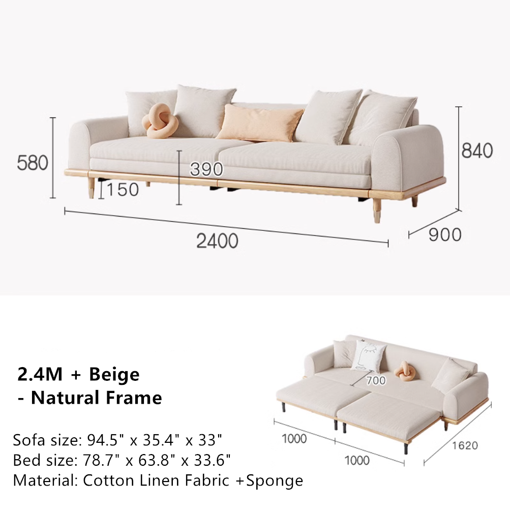 Japandi Minimalism Solid Wood Sofa Bed Beige Linen Cotton Cover + Natural Frame SOFA BED