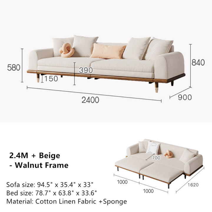 Japandi Minimalism Solid Wood Sofa Bed Beige Linen Cotton Cover + Walnut Frame SOFA BED
