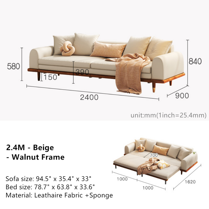 Japandi Minimalism Solid Wood Sofa Bed Beige Leathaire Cover + Walnut Frame SOFA BED