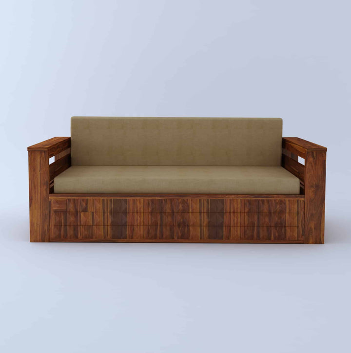 Eliana Solid Sheesham Wood 3 Seater Sofa Cum Bed With Mini Storage and Side Pockets