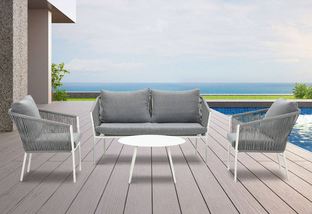 Muno Outdoor Sofa Set 2 Seater , 2 Single seater and 1 Center Table Set (White + Grey) Braided & Rope