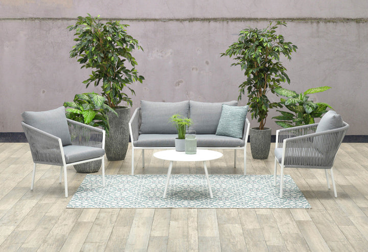 Muno Outdoor Sofa Set 2 Seater , 2 Single seater and 1 Center Table Set (White + Grey) Braided & Rope