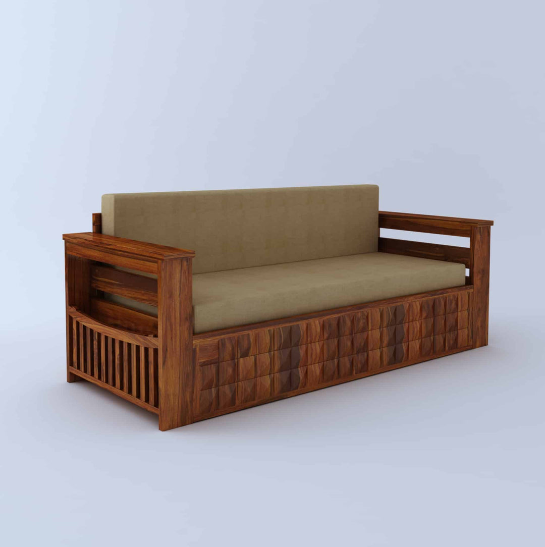 Eliana Solid Sheesham Wood 3 Seater Sofa Cum Bed With Mini Storage and Side Pockets