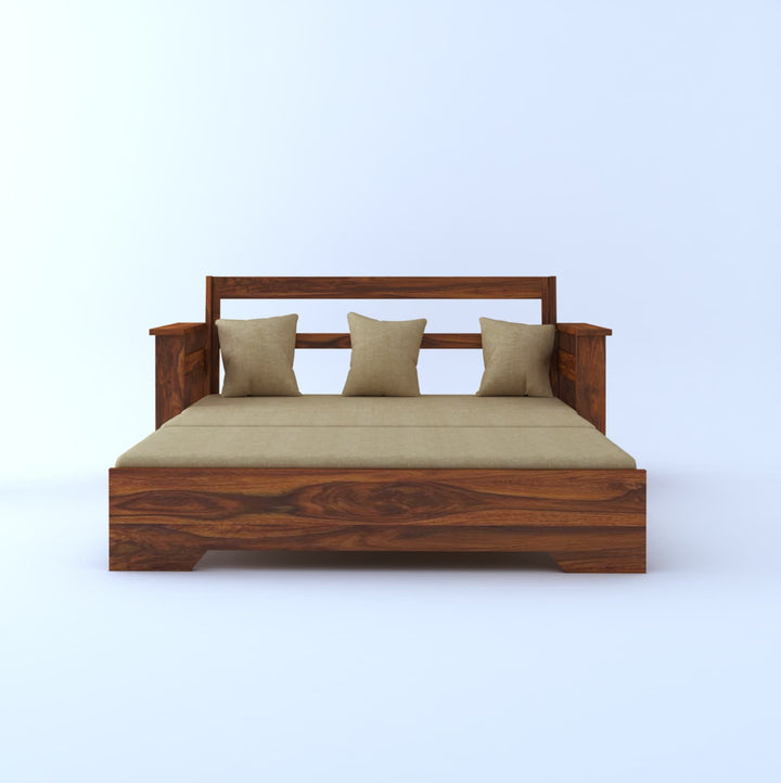 Brielle Solid Sheesham Wood 3 Seater Sofa Cum Bed With Side Pockets
